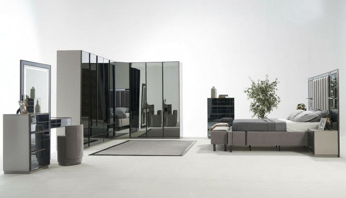 Luxus Glas Schlofkummer Bett Nuetsdësch Eckschaf Kommod Spigel Hocker Gro