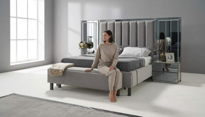 Schlofkummer Set Bett 2x Nuetsdësch Hocker Duebel Better Polster Miwwel 4tlg. Nei