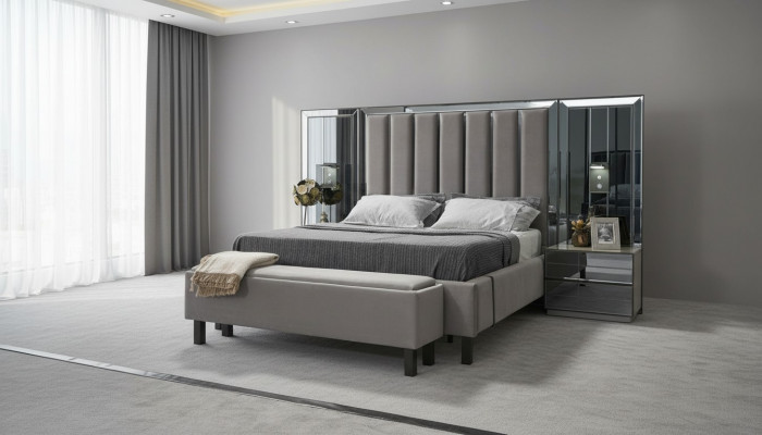 Schlofkummer Set Bett 2x Nuetsdësch Hocker Duebel Better Polster Miwwel 4tlg. Nei