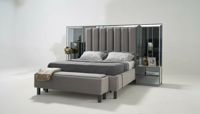 Schlofkummer Set Bett 2x Nuetsdësch Hocker Duebel Better Polster Miwwel 4tlg. Nei