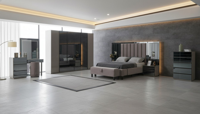 Luxus Schlofzëmmer 8 Stéck Set Komplett Zëmmer Miwwelen Bett Nuetsdësch Schaf Nei