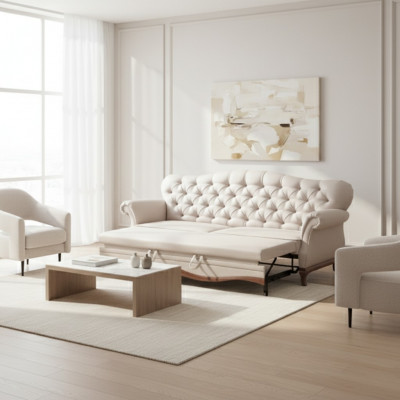 Chesterfield Schlofsdivan Canapé mat Betterfunktioun Drësëtzer Canapé Textil