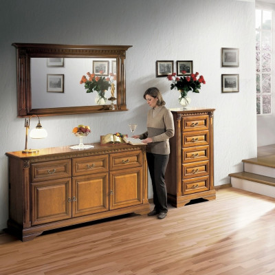 Schaf Kommode Spigel Material Holz klassescht Set vu 3 Deeler Braun Landhaus