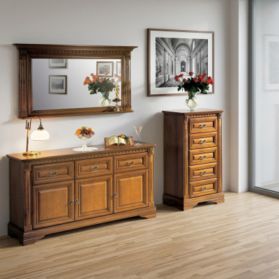 Schaf Kommode Spigel Material Holz klassescht Set vu 3 Deeler Braun Landhaus