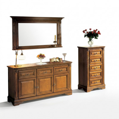 Schaf Kommode Spigel Material Holz klassescht Set vu 3 Deeler Braun Landhaus