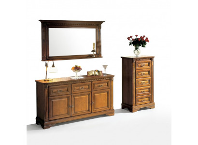 Schaf Kommode Spigel Material Holz klassescht Set vu 3 Deeler Braun Landhaus