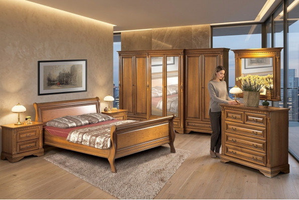 Landhausstil Bett 3-Stéck Set mat 2 Noperchtischen Holz Miwwelen Betteset Braun