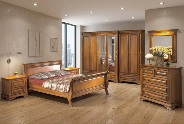 Landhausstil Bett 3-Stéck Set mat 2 Noperchtischen Holz Miwwelen Betteset Braun