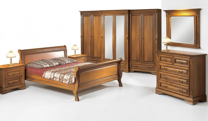 Landhausstil Bett 3-Stéck Set mat 2 Noperchtischen Holz Miwwelen Betteset Braun