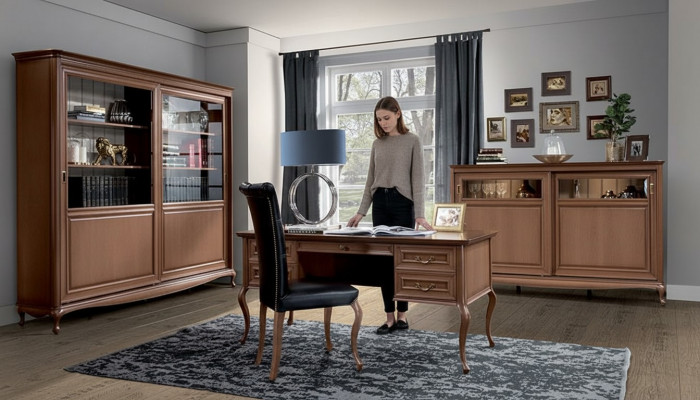 Büro Miwwelen Regal Schreifdësch Kommode Fotell Vitrinn Komplett 4-Stéck Set