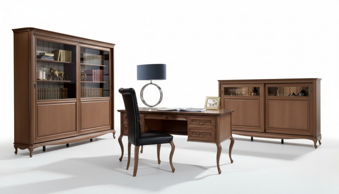 Büro Miwwelen Regal Schreifdësch Kommode Fotell Vitrinn Komplett 4-Stéck Set