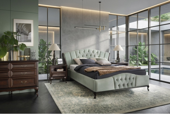 Gréngt Chesterfield Bett mat Holzmassivzëmmer Miwwelen Better Kinnekräichlech
