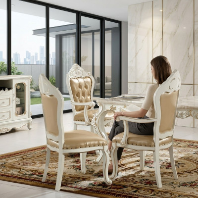 Klassesche Chesterfield-Stull Iesszëmmer-Fauteuil Beige Lehnstull Einsitzer Barock-Stil