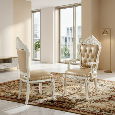 Klassesche Chesterfield-Stull Iesszëmmer-Fauteuil Beige Lehnstull Einsitzer Barock-Stil