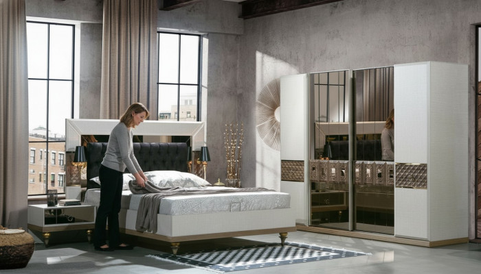Schlofzëmmer Set Bett 2x Nuetsdëscher Textil Kleederschaf Modern 4-Stéck.