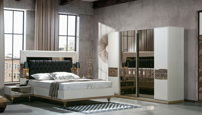 Schlofzëmmer Set Bett 2x Nuetsdëscher Textil Kleederschaf Modern 4-Stéck.