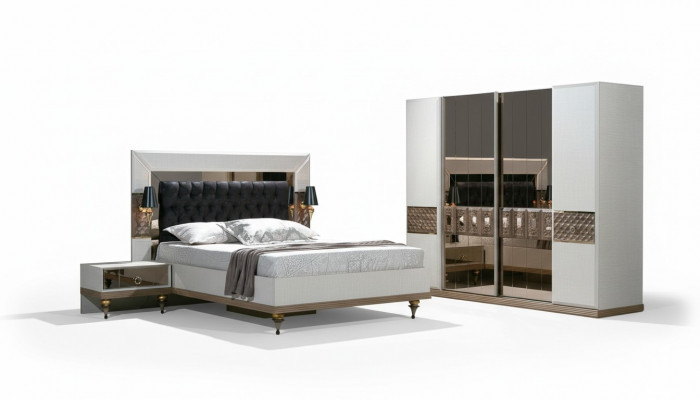 Schlofzëmmer Set Bett 2x Nuetsdëscher Textil Kleederschaf Modern 4-Stéck.