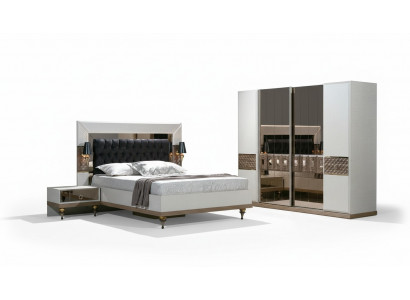 Schlofzëmmer Set Bett 2x Nuetsdëscher Textil Kleederschaf Modern 4-Stéck.