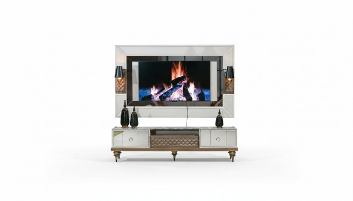 Wunnwand Garnitur RTV TV Ständer Lowboard Dësch Holz Luxus XXL Schrank