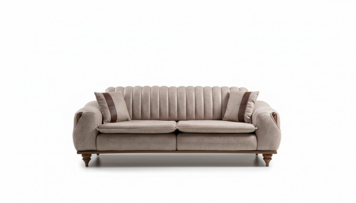 Beige dräisëtzege Chesterfield Couch Gepolsterten Miwwelen Textil Couchen Stoft.