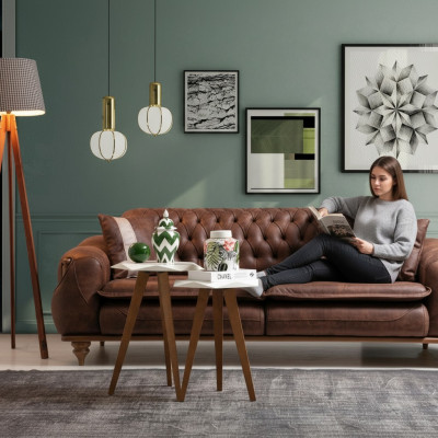 Chesterfield dräisëtzeger brong Canapé Polster Miwwele Stoff Canapéë Stoff