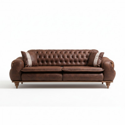 Chesterfield dräisëtzeger brong Canapé Polster Miwwele Stoff Canapéë Stoff