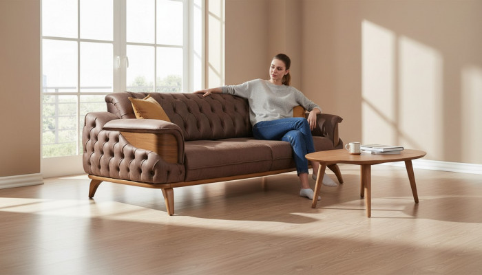 Luxus dräisëtzegen Chesterfield Canapé Miwwelen Canapéen Brong Sofas Lieder Gepolstert Neit