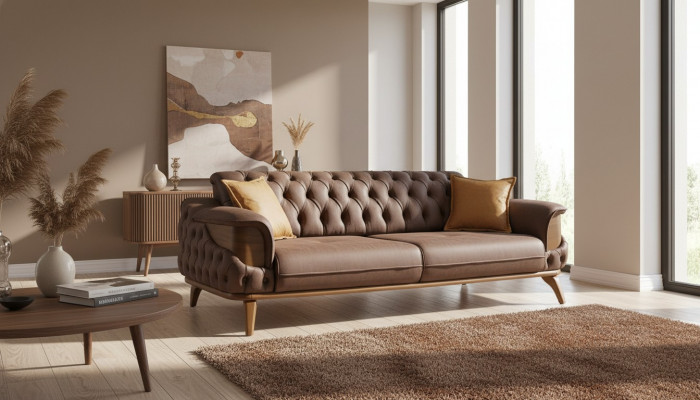 Luxus dräisëtzegen Chesterfield Canapé Miwwelen Canapéen Brong Sofas Lieder Gepolstert Neit