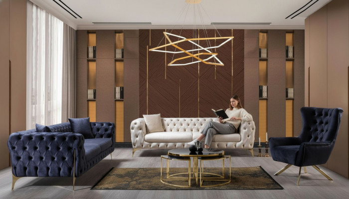Sofagarnitur Blo Sofa Luxus Sofas Still 3+3+1 Sëtzer Chesterfield Design Samt