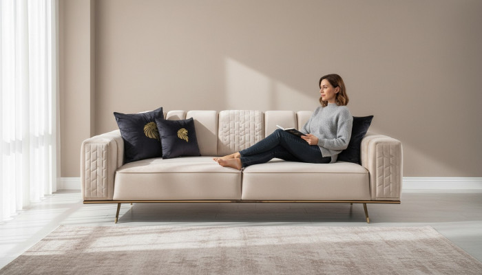 Moderne Sofa 4-Sëtz Design Wunnzëmmer Polster Holz Polster Moderne Luxus