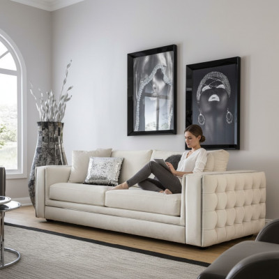 Klassesch Chesterfield Dräisëtzer Miwwel Canapé Luxus Couche beige 3 Sëtz Canapéën