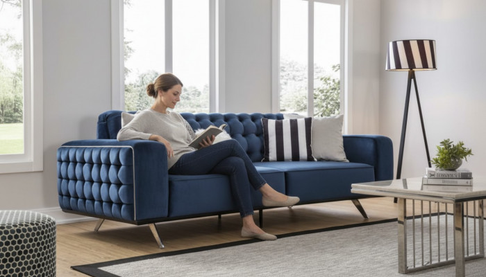 Klassesch Chesterfield Dräisëtzer Miwwel Sofa Luxus Couchen Blo 3 Sëtz Sofas