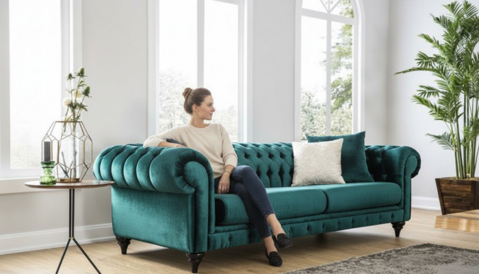 Klassesch Chesterfield Drësëtzer Miwwel Sofa Luxus Couchen Gréng 3 Sitz Sofas