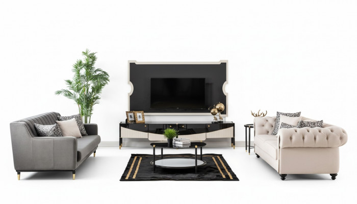 Canapé-Sëtzgrupp Couch Set Sofa Stil Mëbelen Dësch 3stéck Chesterfield
