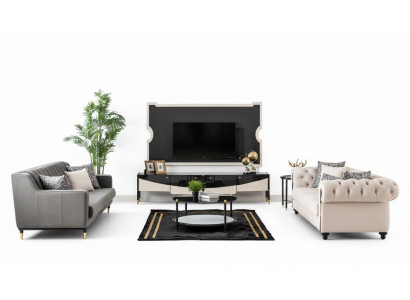 Canapé-Sëtzgrupp Couch Set Sofa Stil Mëbelen Dësch 3stéck Chesterfield