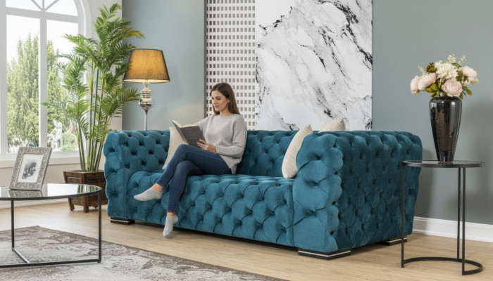 Chesterfield Sofa 4 Sëtz Design Wunnzëmmer Polster Holz Polster Luxus Blo