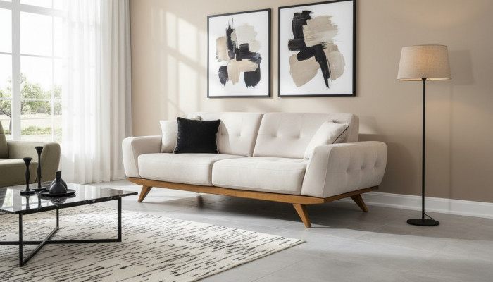 Klassesch Sofa 2 Sëtz Design Wunnzëmmer Polster Holz Lieder Modern Luxus Beige