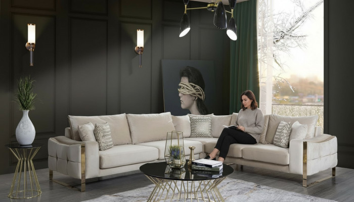Ecksofa L Form Sofa Canapé Design Canapéë Polster Textil Eck Garnitur Beige