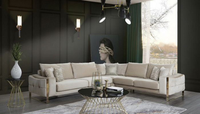 Ecksofa L Form Sofa Canapé Design Canapéë Polster Textil Eck Garnitur Beige
