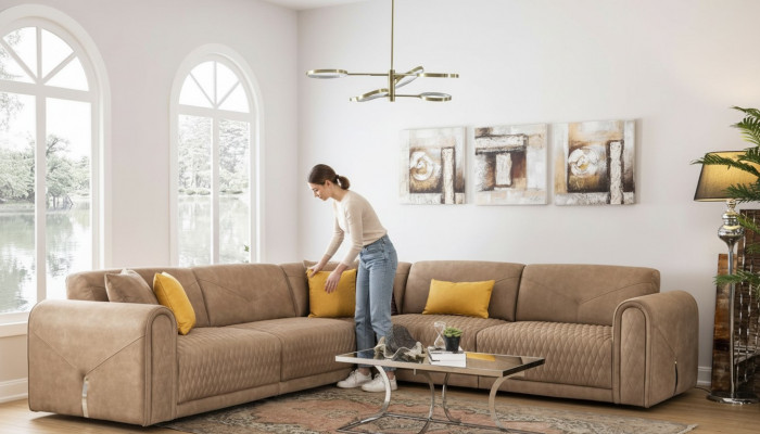 Textil Canapé Couch Ecksofa Eckgarnitur Polstersofas Couchelen Miwwelen Stoff