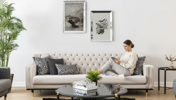 Klassesch Chesterfield Drësëtzeger Miwwel Sofa Luxus Couchen Beige 3 Sëtz Sofaen