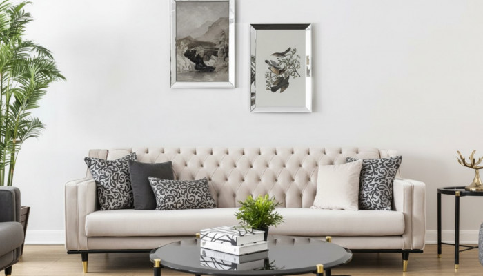 Klassesch Chesterfield Drësëtzeger Miwwel Sofa Luxus Couchen Beige 3 Sëtz Sofaen