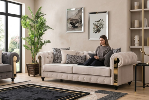 Chesterfield Sofa 3 Sëtz Design Wunnzëmmer Polster Holz Lieder Modern Luxus