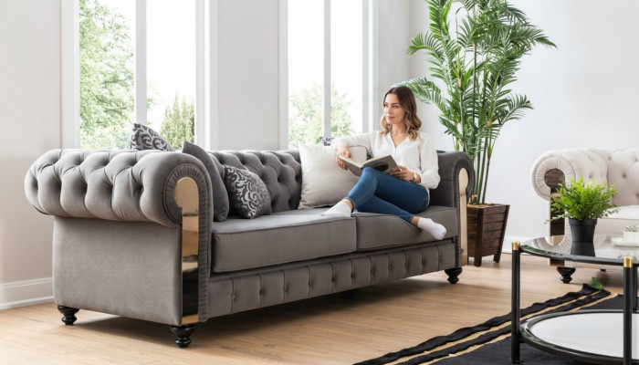 Luxus Wunnzëmmer Sofa 3-Sëtz Dräisëtzer Gro Chesterfield Klassesch Couchen