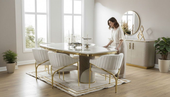 Luxus Iesszëmmer Ariichtung Dësch mat 6 Still Metall Grupp 7tlg Metall