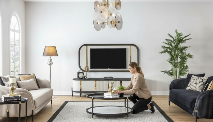 Luxus Set Modern RTV Wunnzëmmer Gestofféiert Sëtzen Sofagarnitur 3 + 3 Sëtz Couchtisch
