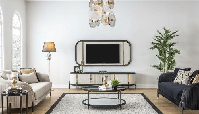 Luxus Set Modern RTV Wunnzëmmer Gestofféiert Sëtzen Sofagarnitur 3 + 3 Sëtz Couchtisch