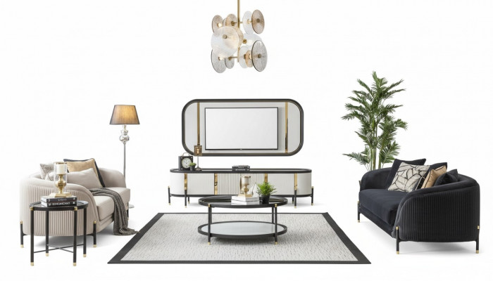 Luxus Set Modern RTV Wunnzëmmer Gestofféiert Sëtzen Sofagarnitur 3 + 3 Sëtz Couchtisch