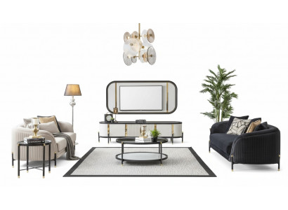 Luxus Set Modern RTV Wunnzëmmer Gestofféiert Sëtzen Sofagarnitur 3 + 3 Sëtz Couchtisch