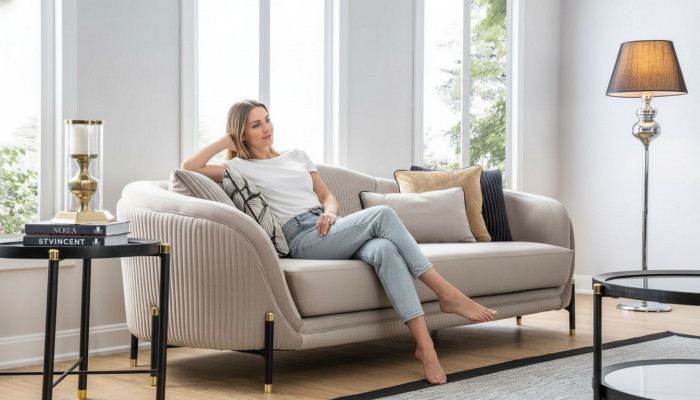 Sofa 3 Sëtzer Polstersofa beige Textil Sëtz Design Canapéë Stoff Modern Nei